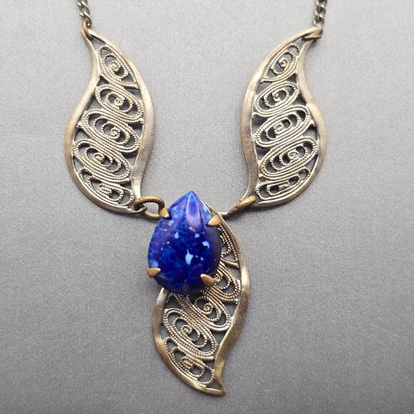 VTG West German Silver Filigree Necklace 16" Blue Glass Stone 1950s - Picture 3 of 13
